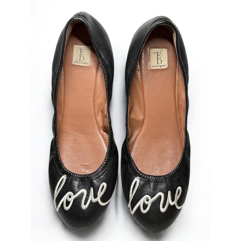 ED Ellen Degeneres Langston Ballet Flat Black 9.5 Embroidered Love Leather $90